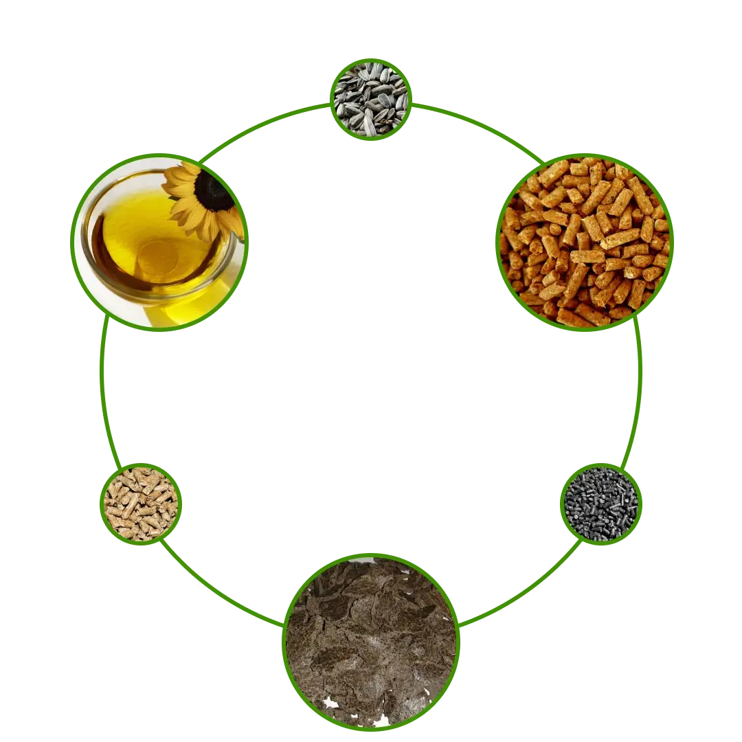 Oil, meal, cake, pellets, grain crops